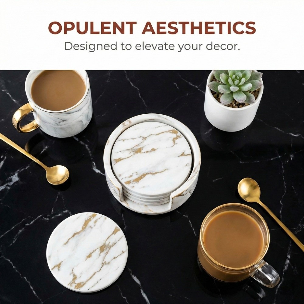 Marble Coaster Set - 7Pcs Coaster Set PU Leather Coaster